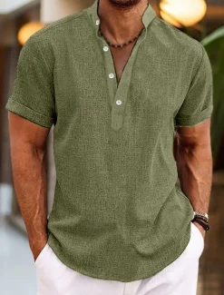 Clearance OUKU Men's Shirt Linen Shirt Band Collar Shirt Popover Shirt Summer Shirt Beach Wear Plain Vacation Casual Black White Yellow Pink Short Sleeve Henley Summer Clothing Apparel