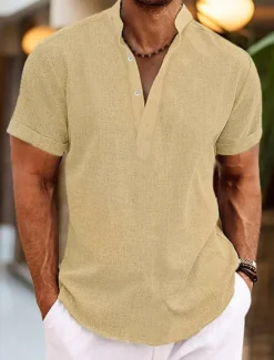 Clearance OUKU Men's Shirt Linen Shirt Band Collar Shirt Popover Shirt Summer Shirt Beach Wear Plain Vacation Casual Black White Yellow Pink Short Sleeve Henley Summer Clothing Apparel