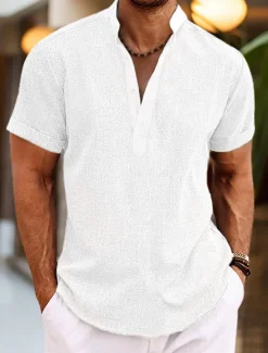 Clearance OUKU Men's Shirt Linen Shirt Band Collar Shirt Popover Shirt Summer Shirt Beach Wear Plain Vacation Casual Black White Yellow Pink Short Sleeve Henley Summer Clothing Apparel