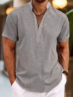 Clearance OUKU Men's Shirt Linen Shirt Band Collar Shirt Popover Shirt Summer Shirt Beach Wear Plain Vacation Casual Black White Yellow Pink Short Sleeve Henley Summer Clothing Apparel