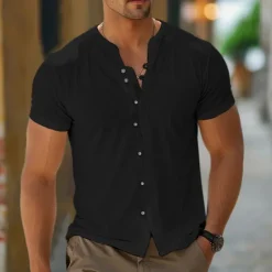 Outlet OUKU Men's Shirt Linen Shirt Band Collar Shirt Summer Shirt Beach Wear Button Up Shirt Plain Casual Daily Black White Blue Khaki Short Sleeve Band Collar Summer Clothing Apparel Buttons
