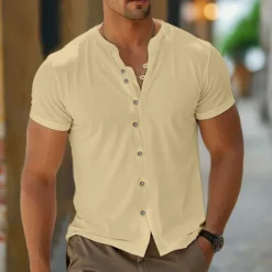 Outlet OUKU Men's Shirt Linen Shirt Band Collar Shirt Summer Shirt Beach Wear Button Up Shirt Plain Casual Daily Black White Blue Khaki Short Sleeve Band Collar Summer Clothing Apparel Buttons
