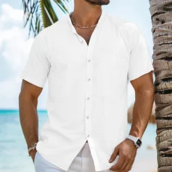 Sale OUKU Men's Shirt Linen Shirt Band Collar Shirt Summer Shirt Beach Wear Button Up Shirt Plain Vacation Curise Black White Blue Orange Short Sleeve Band Collar Summer Clothing Apparel