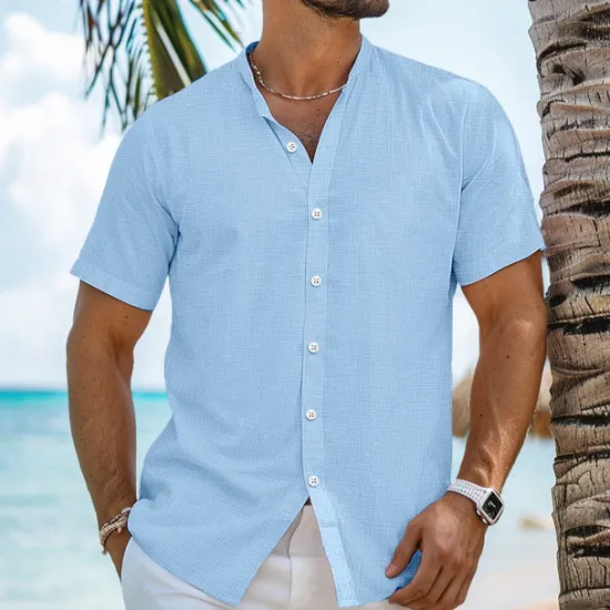 Sale OUKU Men's Shirt Linen Shirt Band Collar Shirt Summer Shirt Beach Wear Button Up Shirt Plain Vacation Curise Black White Blue Orange Short Sleeve Band Collar Summer Clothing Apparel