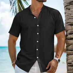 Sale OUKU Men's Shirt Linen Shirt Band Collar Shirt Summer Shirt Beach Wear Button Up Shirt Plain Vacation Curise Black White Blue Orange Short Sleeve Band Collar Summer Clothing Apparel