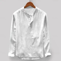Online OUKU Men's Shirt Linen Shirt Band Collar Shirt Summer Shirt Beach Wear Solid Color Vacation Casual Light Blue Black White Light Grey Half Sleeve Collar Clothing Apparel