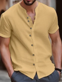 Online OUKU Men's Shirt Linen Shirt Band Collar Shirt Summer Shirt Beach Wear Button Up Shirt Plain Vacation Casual Black White Blue Khaki Short Sleeve Band Collar Summer Clothing Apparel