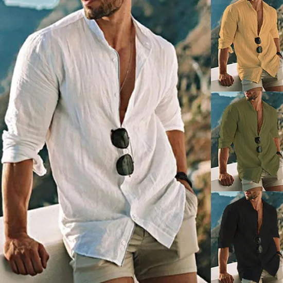 New OUKU Men's Shirt Linen Shirt Band Collar Shirt Summer Shirt Beach Wear Button Up Shirt Solid Color Outdoor Vacation Black White Yellow Light Green Long Sleeve Collar Spring Fall Clothing Apparel