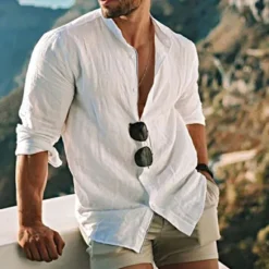 New OUKU Men's Shirt Linen Shirt Band Collar Shirt Summer Shirt Beach Wear Button Up Shirt Solid Color Outdoor Vacation Black White Yellow Light Green Long Sleeve Collar Spring Fall Clothing Apparel