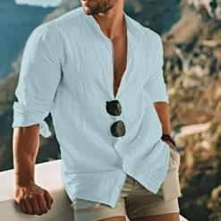 New OUKU Men's Shirt Linen Shirt Band Collar Shirt Summer Shirt Beach Wear Button Up Shirt Solid Color Outdoor Vacation Black White Yellow Light Green Long Sleeve Collar Spring Fall Clothing Apparel
