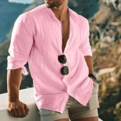 New OUKU Men's Shirt Linen Shirt Band Collar Shirt Summer Shirt Beach Wear Button Up Shirt Solid Color Outdoor Vacation Black White Yellow Light Green Long Sleeve Collar Spring Fall Clothing Apparel
