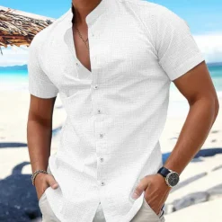 New OUKU Men's Shirt Linen Shirt Band Collar Shirt Summer Shirt Beach Wear Button Up Shirt Plain Vacation Curise Black White Blue Orange Short Sleeve Band Collar Summer Clothing Apparel