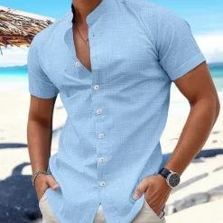 New OUKU Men's Shirt Linen Shirt Band Collar Shirt Summer Shirt Beach Wear Button Up Shirt Plain Vacation Curise Black White Blue Orange Short Sleeve Band Collar Summer Clothing Apparel