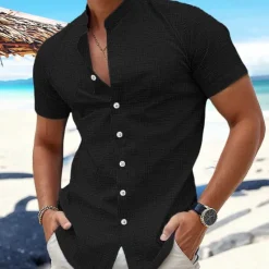 New OUKU Men's Shirt Linen Shirt Band Collar Shirt Summer Shirt Beach Wear Button Up Shirt Plain Vacation Curise Black White Blue Orange Short Sleeve Band Collar Summer Clothing Apparel