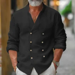 Best OUKU Men's Shirt Linen Shirt Band Collar Shirt Summer Shirt Beach Wear Button Up Shirt Plain Casual Daily Black White Blue Long Sleeve Band Collar Spring & Summer Clothing Apparel