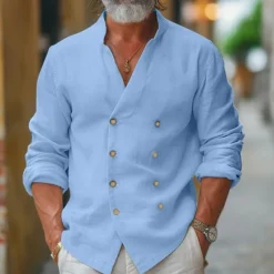 Best OUKU Men's Shirt Linen Shirt Band Collar Shirt Summer Shirt Beach Wear Button Up Shirt Plain Casual Daily Black White Blue Long Sleeve Band Collar Spring & Summer Clothing Apparel