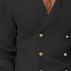Best OUKU Men's Shirt Linen Shirt Band Collar Shirt Summer Shirt Beach Wear Button Up Shirt Plain Casual Daily Black White Blue Long Sleeve Band Collar Spring & Summer Clothing Apparel