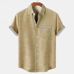 Best OUKU Men's Shirt Linen Shirt Beach Shirt Plaid Home Holiday Blue Green khaki Short Sleeve Turndown Summer Clothing Apparel