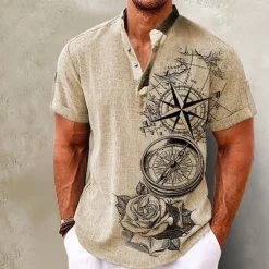 Clearance OUKU Men's Shirt Linen Shirt Beach Shirt Graphic Prints Outdoor Vacation Pink Blue Green Khaki Short Sleeve Stand Collar Summer Spring Clothing Apparel Print
