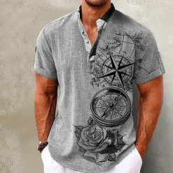 Clearance OUKU Men's Shirt Linen Shirt Beach Shirt Graphic Prints Outdoor Vacation Pink Blue Green Khaki Short Sleeve Stand Collar Summer Spring Clothing Apparel Print