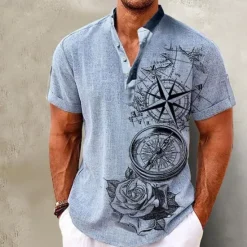 Clearance OUKU Men's Shirt Linen Shirt Beach Shirt Graphic Prints Outdoor Vacation Pink Blue Green Khaki Short Sleeve Stand Collar Summer Spring Clothing Apparel Print