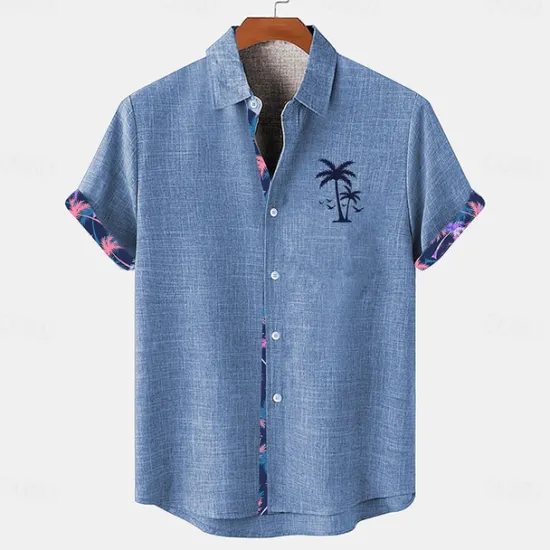 Sale OUKU Men's Shirt Linen Shirt Beach Shirt Summer Hawaiian Shirt Coconut Tree Vacation Holiday Pink Blue khaki Short Sleeves Turndown Summer Clothing Apparel