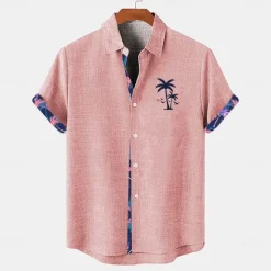 Sale OUKU Men's Shirt Linen Shirt Beach Shirt Summer Hawaiian Shirt Coconut Tree Vacation Holiday Pink Blue khaki Short Sleeves Turndown Summer Clothing Apparel