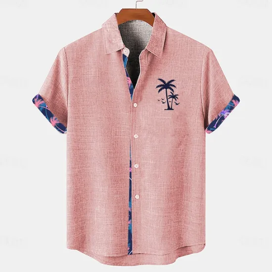 Sale OUKU Men's Shirt Linen Shirt Beach Shirt Summer Hawaiian Shirt Coconut Tree Vacation Holiday Pink Blue khaki Short Sleeves Turndown Summer Clothing Apparel