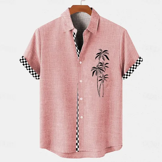 Discount OUKU Men's Shirt Linen Shirt Beach Shirt Summer Hawaiian Shirt Coconut Tree Vacation Holiday Pink Blue khaki Short Sleeves Turndown Summer Clothing Apparel