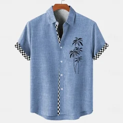 Discount OUKU Men's Shirt Linen Shirt Beach Shirt Summer Hawaiian Shirt Coconut Tree Vacation Holiday Pink Blue khaki Short Sleeves Turndown Summer Clothing Apparel