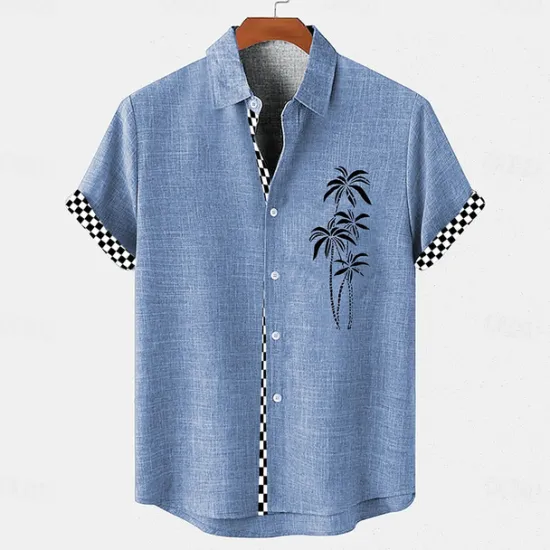 Discount OUKU Men's Shirt Linen Shirt Beach Shirt Summer Hawaiian Shirt Coconut Tree Vacation Holiday Pink Blue khaki Short Sleeves Turndown Summer Clothing Apparel