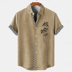 Discount OUKU Men's Shirt Linen Shirt Beach Shirt Summer Hawaiian Shirt Coconut Tree Vacation Holiday Pink Blue khaki Short Sleeves Turndown Summer Clothing Apparel