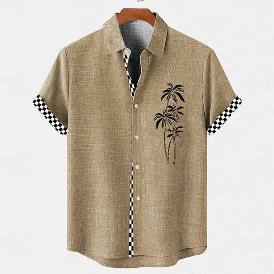 Discount OUKU Men's Shirt Linen Shirt Beach Shirt Summer Hawaiian Shirt Coconut Tree Vacation Holiday Pink Blue khaki Short Sleeves Turndown Summer Clothing Apparel