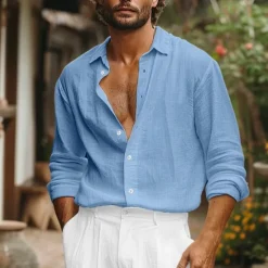 Hot OUKU Men's Shirt Linen Shirt Long Sleeve Solid Color Fold-over Collar Spring & Summer Street Daily Clothing Apparel Blue