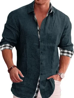 OUKU Men's Shirt Linen Shirt Button Up Shirt Summer Shirt Beach Shirt Black White Pink Long Sleeve Color Block Lapel Spring & Fall Casual Daily Clothing Apparel