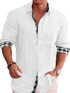 OUKU Men's Shirt Linen Shirt Button Up Shirt Summer Shirt Beach Shirt Black White Pink Long Sleeve Color Block Lapel Spring & Fall Casual Daily Clothing Apparel
