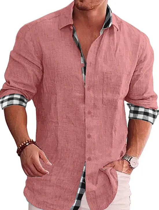 OUKU Men's Shirt Linen Shirt Button Up Shirt Summer Shirt Beach Shirt Black White Pink Long Sleeve Color Block Lapel Spring & Fall Casual Daily Clothing Apparel