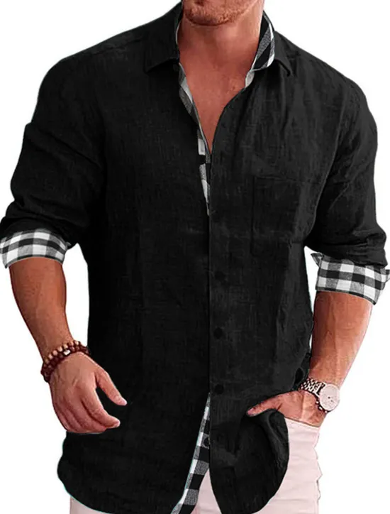 OUKU Men's Shirt Linen Shirt Button Up Shirt Summer Shirt Beach Shirt Black White Pink Long Sleeve Color Block Lapel Spring & Fall Casual Daily Clothing Apparel