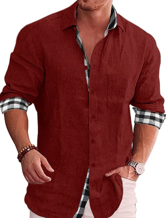 OUKU Men's Shirt Linen Shirt Button Up Shirt Summer Shirt Beach Shirt Black White Pink Long Sleeve Color Block Lapel Spring & Fall Casual Daily Clothing Apparel