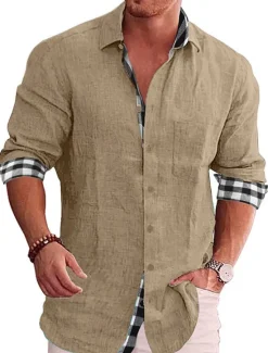 OUKU Men's Shirt Linen Shirt Button Up Shirt Summer Shirt Beach Shirt Black White Pink Long Sleeve Color Block Lapel Spring & Fall Casual Daily Clothing Apparel