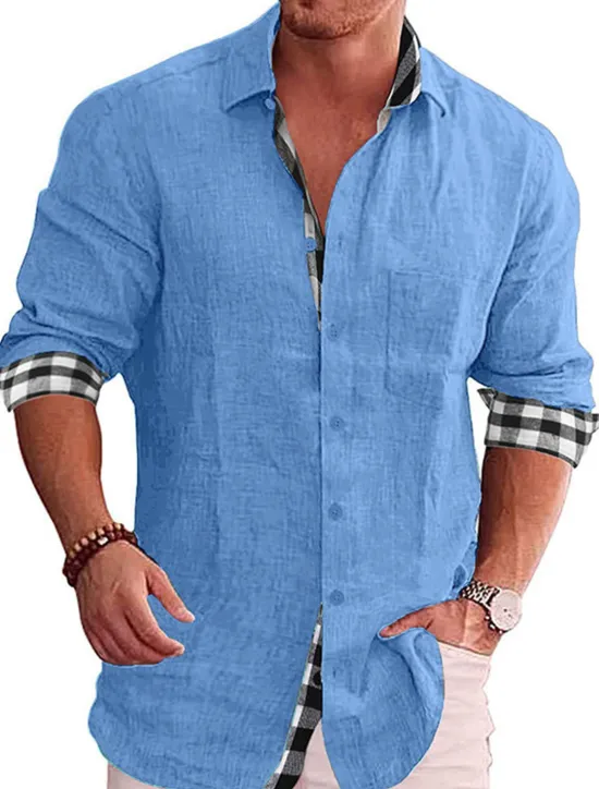 OUKU Men's Shirt Linen Shirt Button Up Shirt Summer Shirt Beach Shirt Black White Pink Long Sleeve Color Block Lapel Spring & Fall Casual Daily Clothing Apparel