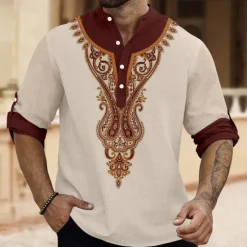 Discount OUKU Men's Shirt Linen Shirt Button Up Shirt Long Sleeve Fashion Casual Vacation Causal Casual Summer Spring & Fall Stand Collar Buttons Print Beige