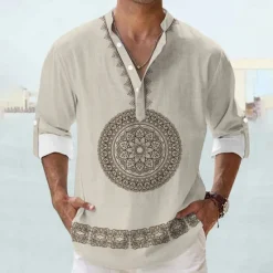 New OUKU Men's Shirt Linen Shirt Button Up Shirt Long Sleeve Tribal Fashion Casual Vacation Causal Casual Summer Spring & Fall Stand Collar Buttons Print Black Khaki Beige
