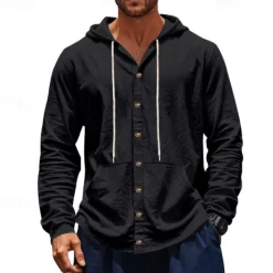 Online OUKU Men's Shirt Linen Shirt Casual Shirt Button Up Shirt Cotton Shirt Plain Vacation Hawaiian Black White Yellow Navy Blue Long Sleeve Hooded Spring Fall Clothing Apparel Pocket