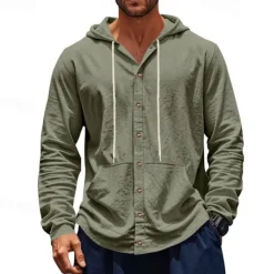 Online OUKU Men's Shirt Linen Shirt Casual Shirt Button Up Shirt Cotton Shirt Plain Vacation Hawaiian Black White Yellow Navy Blue Long Sleeve Hooded Spring Fall Clothing Apparel Pocket