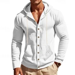 Online OUKU Men's Shirt Linen Shirt Casual Shirt Button Up Shirt Cotton Shirt Plain Vacation Hawaiian Black White Yellow Navy Blue Long Sleeve Hooded Spring Fall Clothing Apparel Pocket