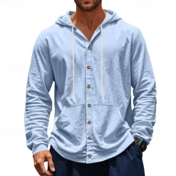 Online OUKU Men's Shirt Linen Shirt Casual Shirt Button Up Shirt Cotton Shirt Plain Vacation Hawaiian Black White Yellow Navy Blue Long Sleeve Hooded Spring Fall Clothing Apparel Pocket