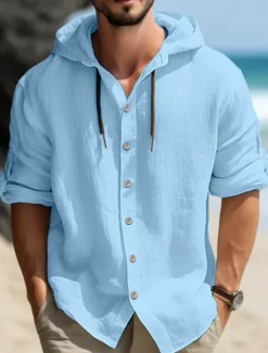 OUKU Men's Shirt Linen Shirt Calico Shirt Hooded Shirt Plain Casual Daily Black White Blue Green Long Sleeve Hooded Spring & Summer Clothing Apparel Buttons