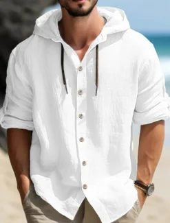 OUKU Men's Shirt Linen Shirt Calico Shirt Hooded Shirt Plain Casual Daily Black White Blue Green Long Sleeve Hooded Spring & Summer Clothing Apparel Buttons