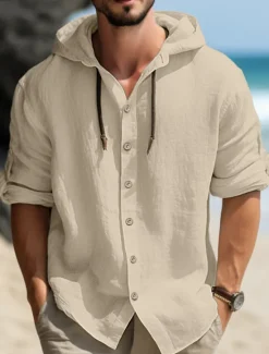 OUKU Men's Shirt Linen Shirt Calico Shirt Hooded Shirt Plain Casual Daily Black White Blue Green Long Sleeve Hooded Spring & Summer Clothing Apparel Buttons
